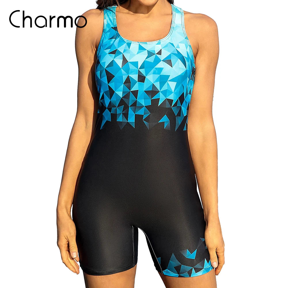 Charmo Women's Swimsuit One Piece Women Swimwear Boyleg Sport Swimsuits Patchwork  Beachwear  Open Back Bathing Suit