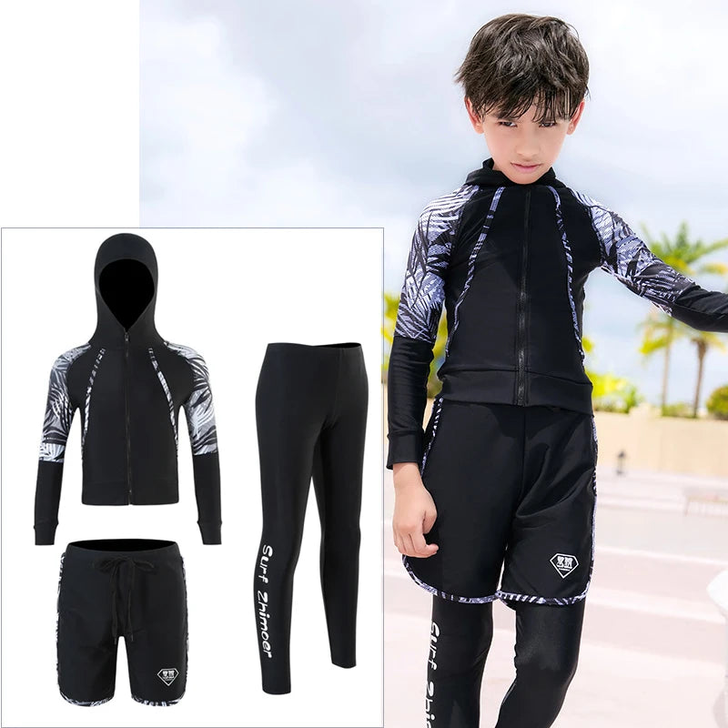 Boys Youth Three Piece Rash Guard Long Sleeve Zipper Hoodie Shirt and Pants Athletic Surfing Swimsuit Bathing Suits Kid Swimwear