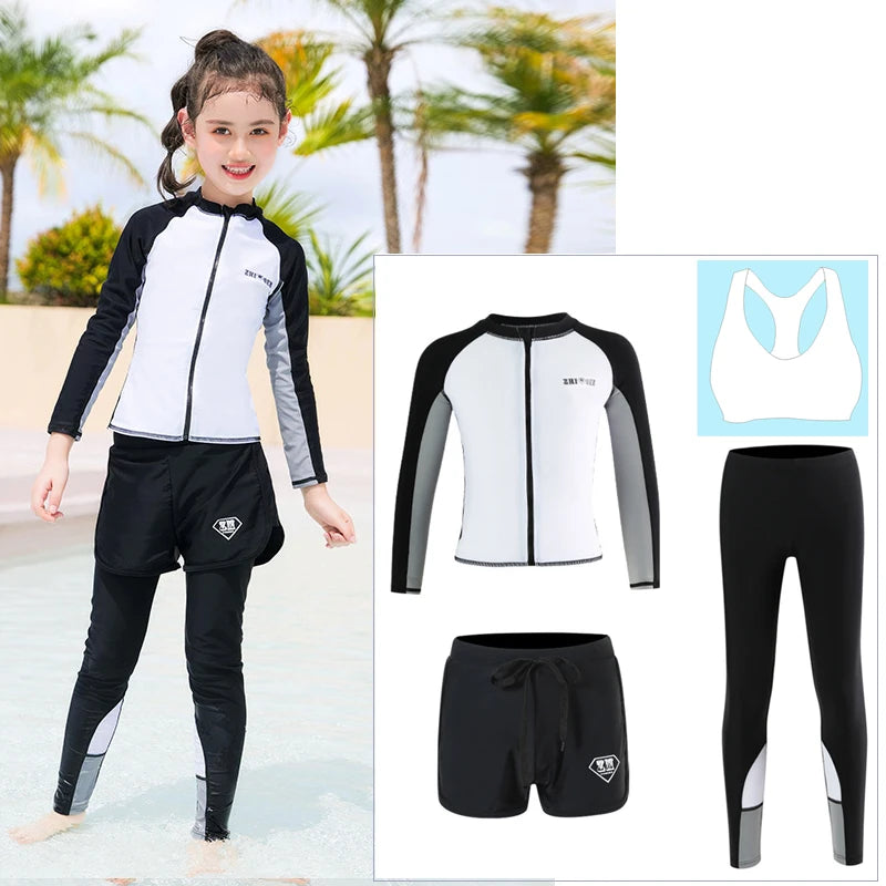 Boys Youth Three Piece Rash Guard Long Sleeve Zipper Hoodie Shirt and Pants Athletic Surfing Swimsuit Bathing Suits Kid Swimwear