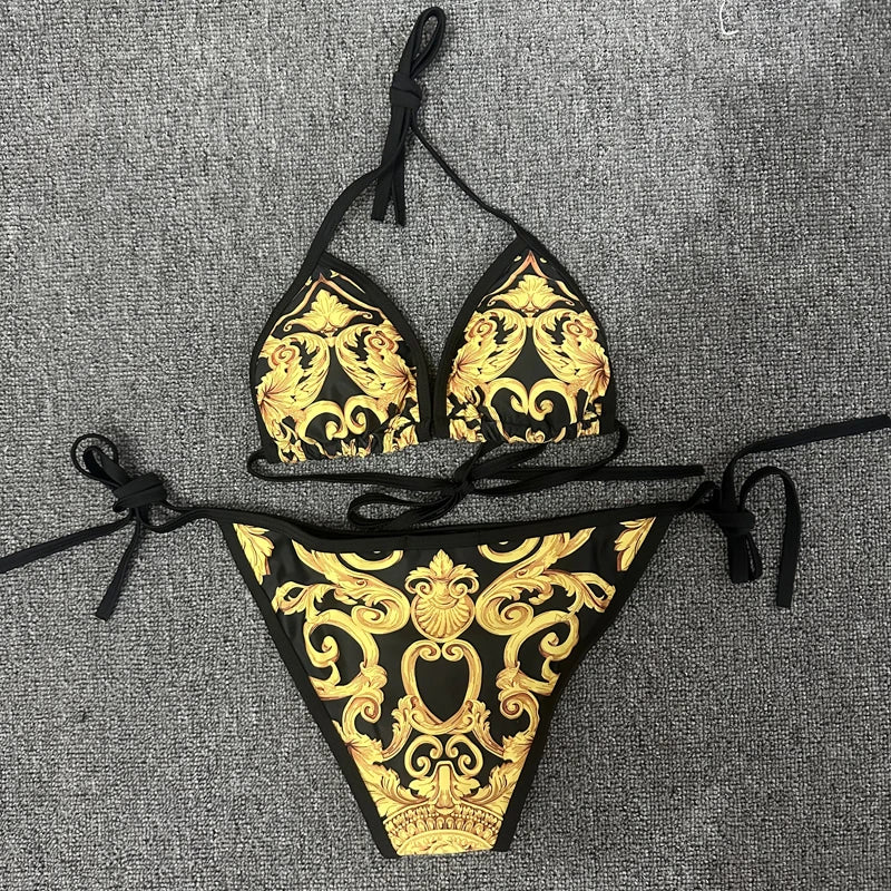 New Sexy Swimsuit Golden Floral Print Two Piece Bikini Female Brazilian Bather Bathing Suit 2024 Women Swimwear Beach biquínis