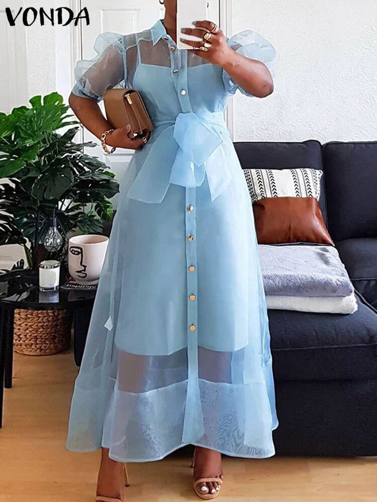 VONDA Summer Beach Dress Women Casual Short Puff Sleeve Lace Bow Long Maxi Sundress Buttons Loose Solid Party Robe 2024 Oversize