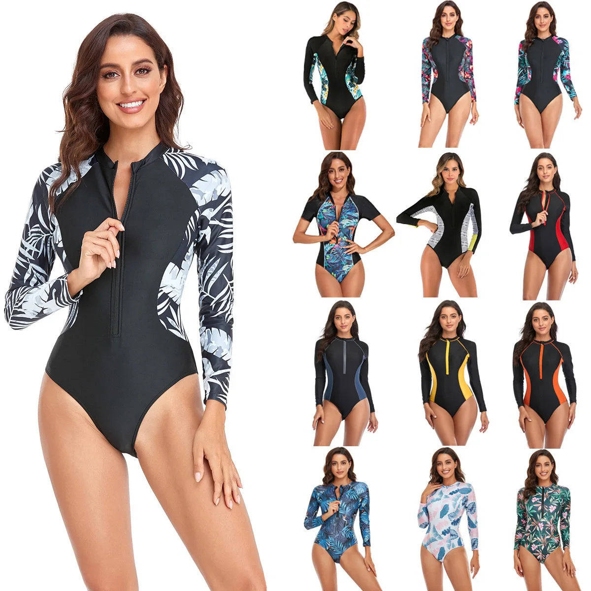 Solid Color One-Piece Swimsuit Long Sleeve Swimwear Sports Women's Swimming Bathing Suit Beach Bather Surfing Swim Wear