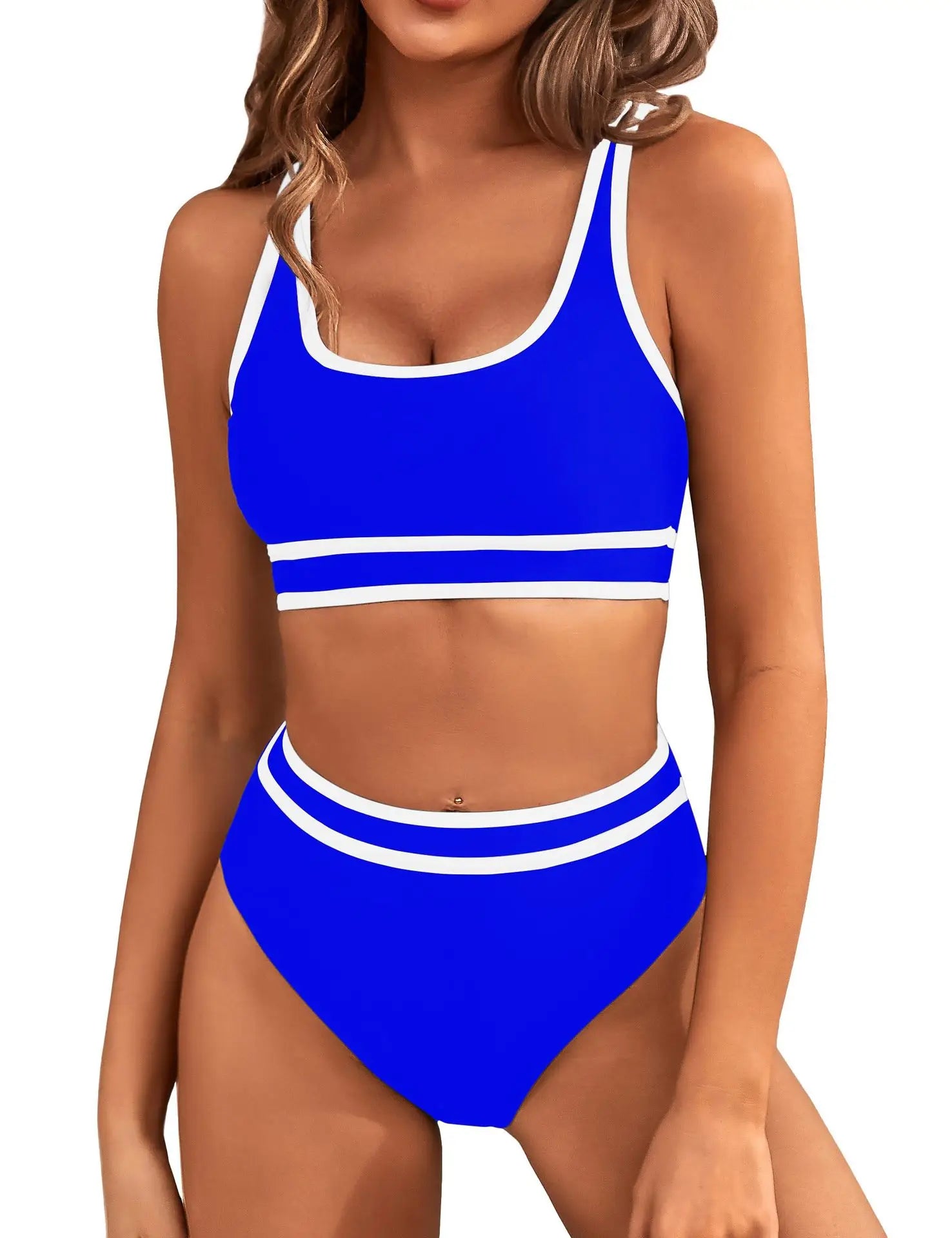 2024 Women's High Waisted Bikini Sets-porty Color Block Two-Piece, Cheeky High Cut Swimsuits