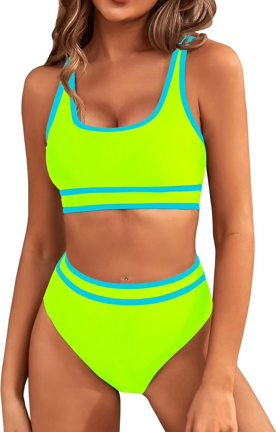 2024 Women's High Waisted Bikini Sets-porty Color Block Two-Piece, Cheeky High Cut Swimsuits