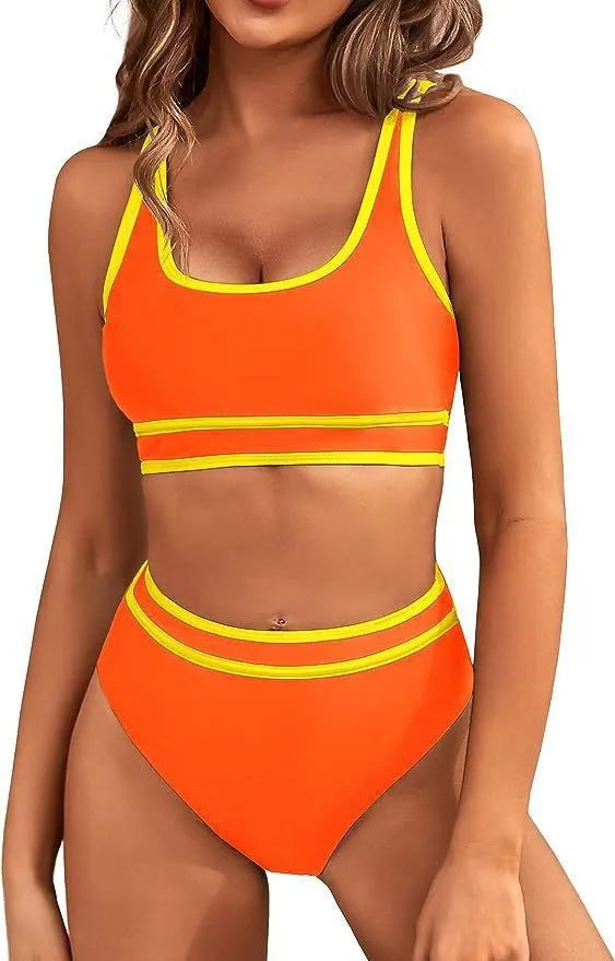 2024 Women's High Waisted Bikini Sets-porty Color Block Two-Piece, Cheeky High Cut Swimsuits