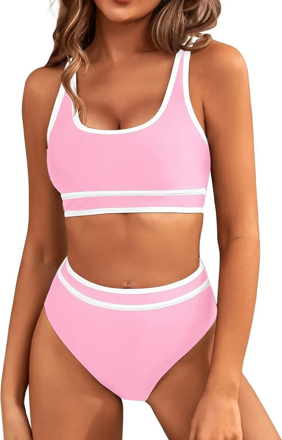 2024 Women's High Waisted Bikini Sets-porty Color Block Two-Piece, Cheeky High Cut Swimsuits