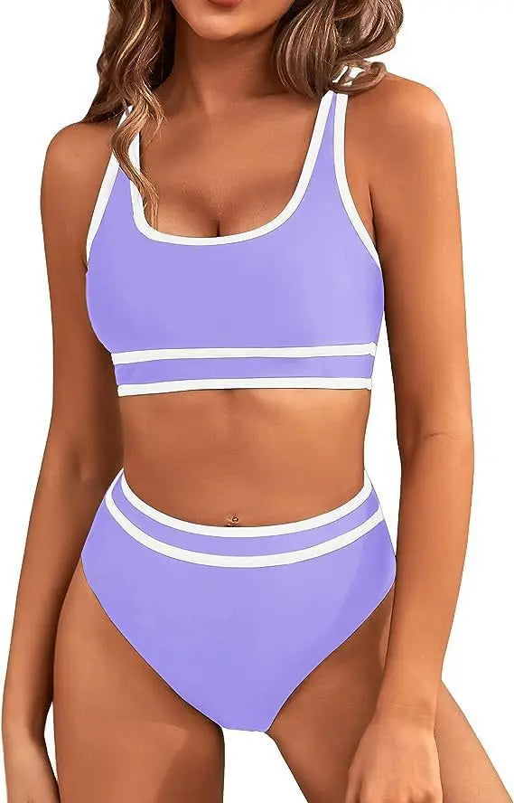 2024 Women's High Waisted Bikini Sets-porty Color Block Two-Piece, Cheeky High Cut Swimsuits