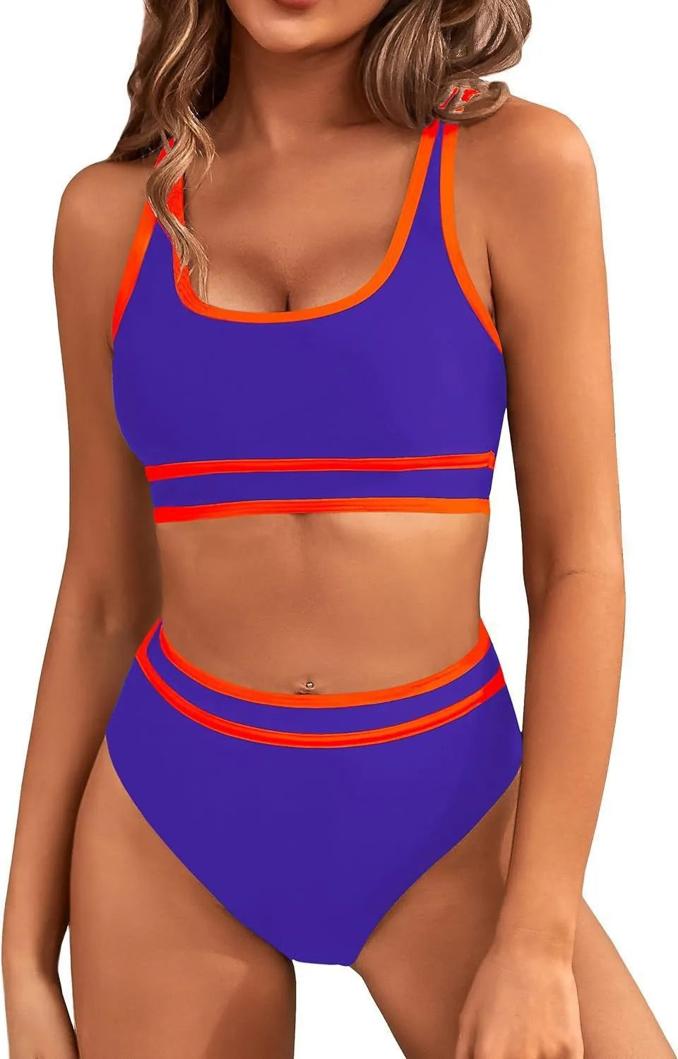 2024 Women's High Waisted Bikini Sets-porty Color Block Two-Piece, Cheeky High Cut Swimsuits