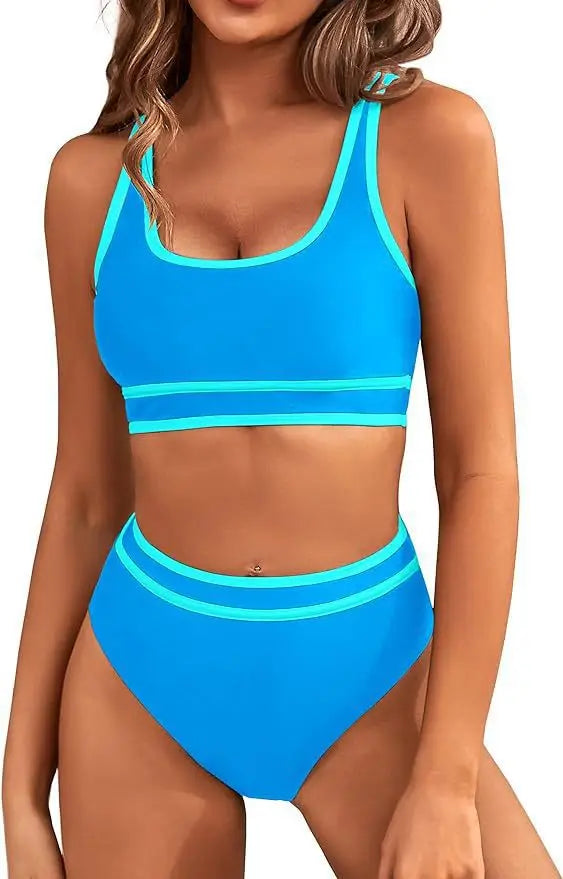 2024 Women's High Waisted Bikini Sets-porty Color Block Two-Piece, Cheeky High Cut Swimsuits