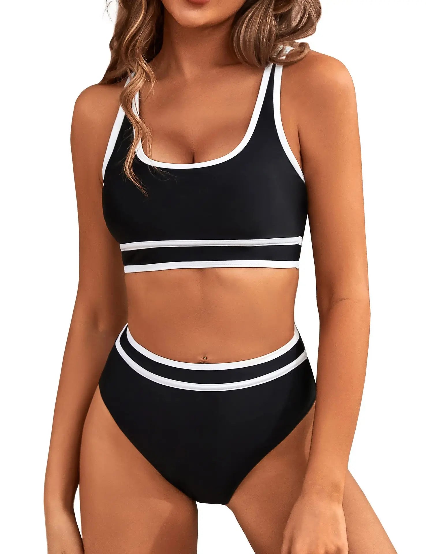 2024 Women's High Waisted Bikini Sets-porty Color Block Two-Piece, Cheeky High Cut Swimsuits