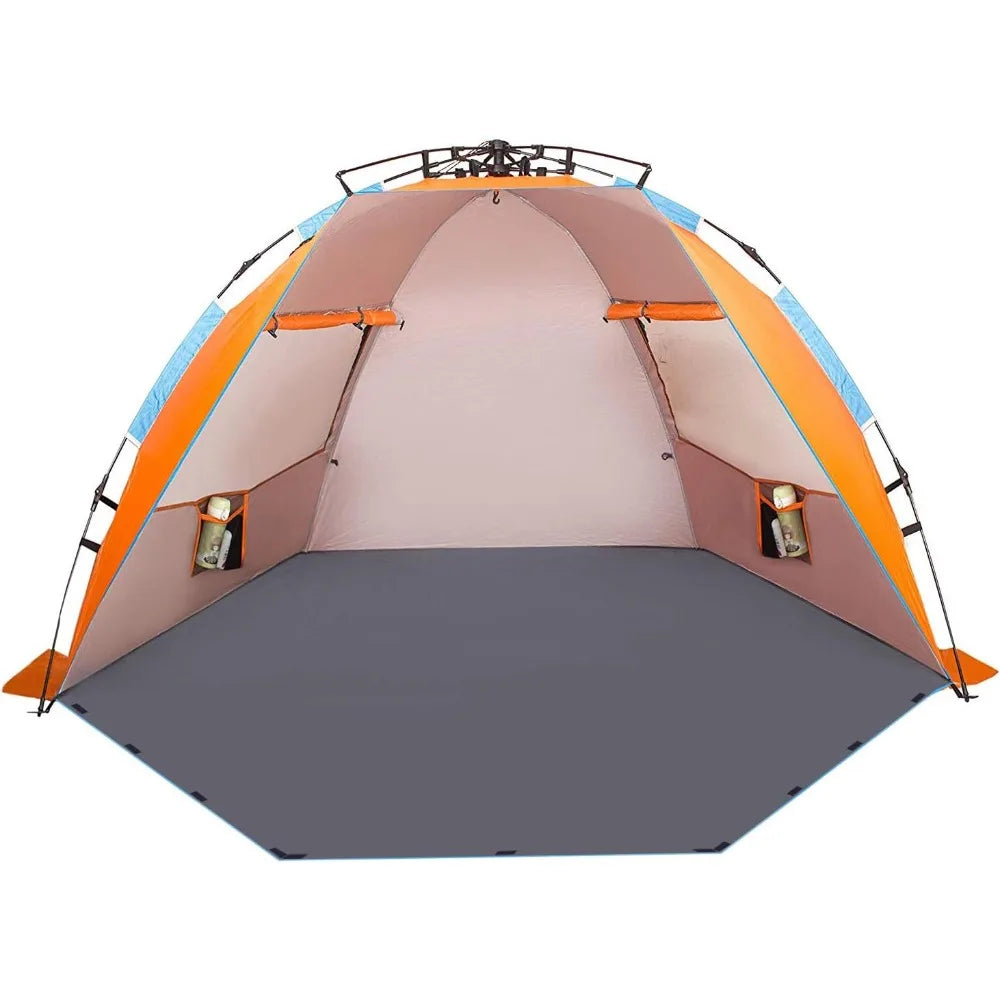 Four-person beach tent offering extensive sun protection, accompanied by a practical bag for transport and storage.