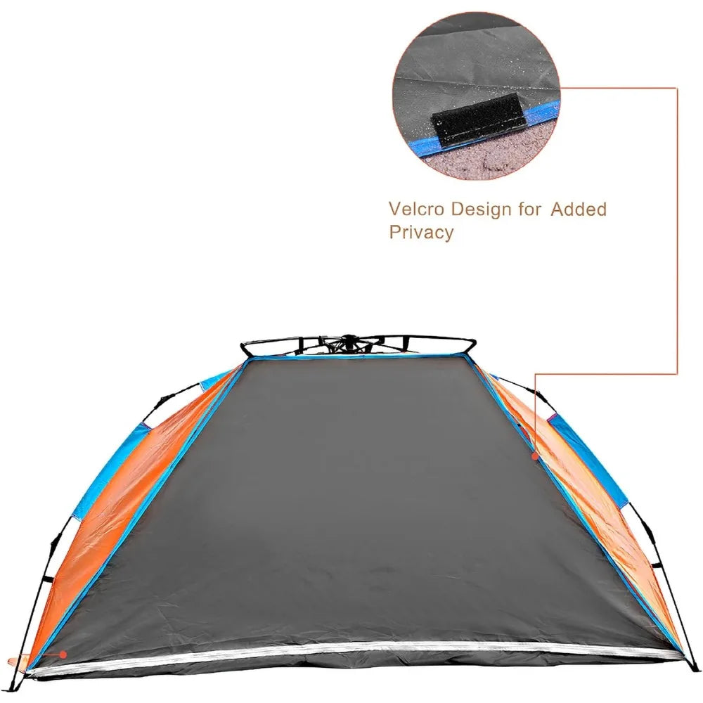 Four-person beach tent offering extensive sun protection, accompanied by a practical bag for transport and storage.